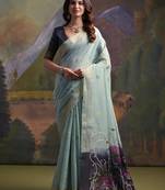 pastel aqua soft muga silk blend saree with peacock resham weaving pallu & traditional zari border with contrast blouse