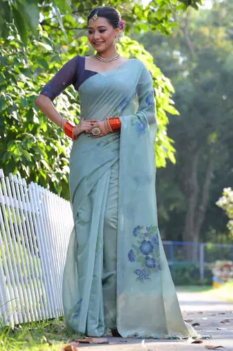 Sky blue soft muga cotton resham woven saree with jamdani pallu, zari touch-up & blouse     traditional weaving design