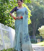 Sky blue soft muga cotton resham woven saree with jamdani pallu, zari touch-up & blouse     traditional weaving design