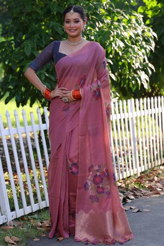 Pink soft muga cotton resham woven saree with jamdani pallu & zari touch-up