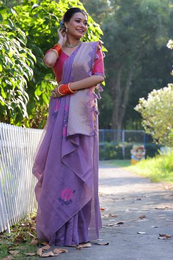 Lavender soft muga cotton resham woven saree with jamdani pallu, zari touch-up & blouse     traditional weaving design