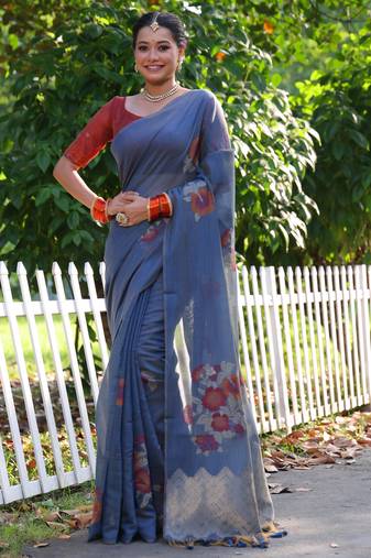 Blue premium soft muga cotton resham woven saree with jamdani pallu & zari touch-up