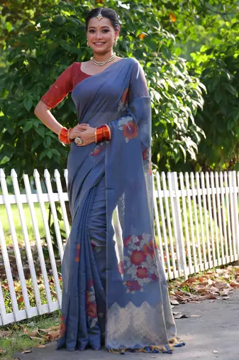 Blue premium soft muga cotton resham woven saree with jamdani pallu & zari touch-up