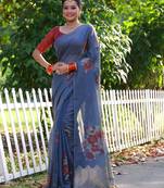 Blue premium soft muga cotton resham woven saree with jamdani pallu & zari touch-up