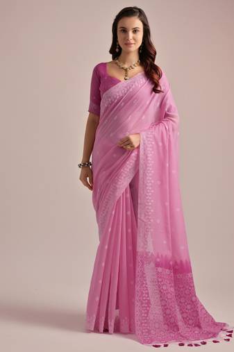 Pink muga cotton resham woven saree with traditional weaving border & fancy pallu