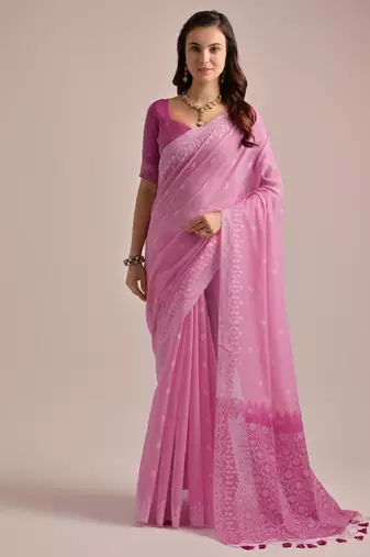 Pink muga cotton resham woven saree with traditional weaving border & fancy pallu