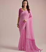 Pink muga cotton resham woven saree with traditional weaving border & fancy pallu
