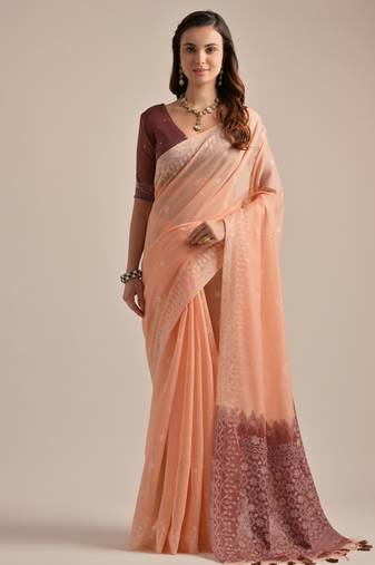 Peach muga cotton resham woven saree with traditional weaving border & fancy pallu