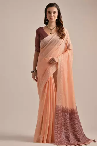 Peach muga cotton resham woven saree with traditional weaving border & fancy pallu