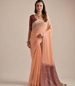 Peach muga cotton resham woven saree with traditional weaving border & fancy pallu