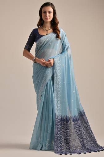 Light blue muga cotton resham woven saree with traditional weaving border & fancy pallu