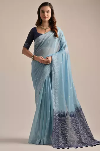 Light blue muga cotton resham woven saree with traditional weaving border & fancy pallu