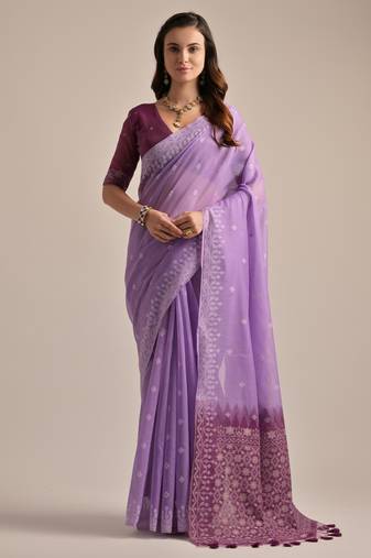 Lavender muga cotton resham woven saree with traditional weaving border & fancy pallu