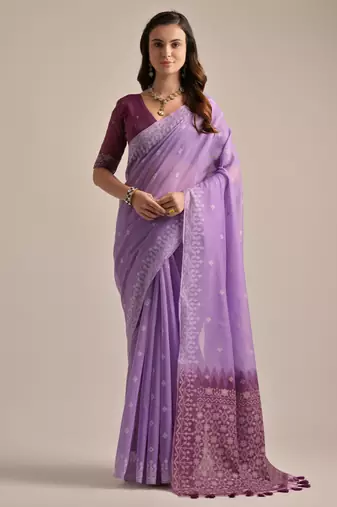Lavender muga cotton resham woven saree with traditional weaving border & fancy pallu