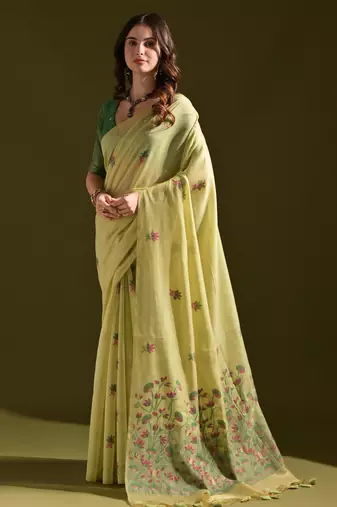 Pista muga cotton saree with floral weaving & resham woven pallu | traditional cotton silk saree with contrast blouse