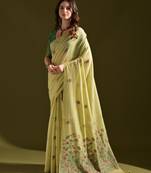 Pista muga cotton saree with floral weaving & resham woven pallu | traditional cotton silk saree with contrast blouse