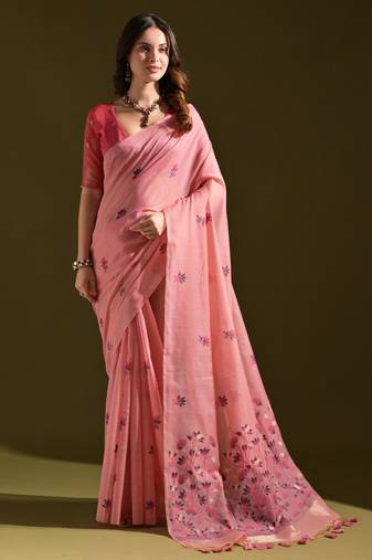 Pink muga cotton saree with floral weaving & resham woven pallu | traditional cotton silk saree with fancy tassels