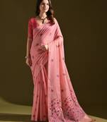 Pink muga cotton saree with floral weaving & resham woven pallu | traditional cotton silk saree with fancy tassels