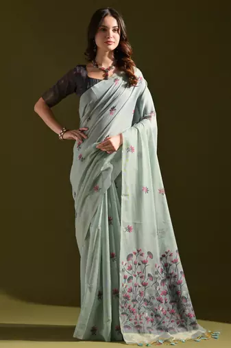 Aqua muga cotton saree with floral weaving & resham woven pallu | traditional cotton-silk saree with tassels & blouse