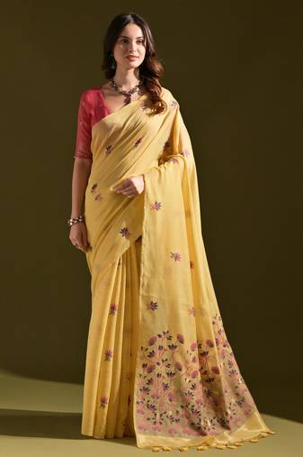 Mustard muga cotton saree with floral weaving & resham woven pallu | traditional cotton-silk saree with tassels & blouse