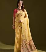 Mustard muga cotton saree with floral weaving & resham woven pallu | traditional cotton-silk saree with tassels & blouse