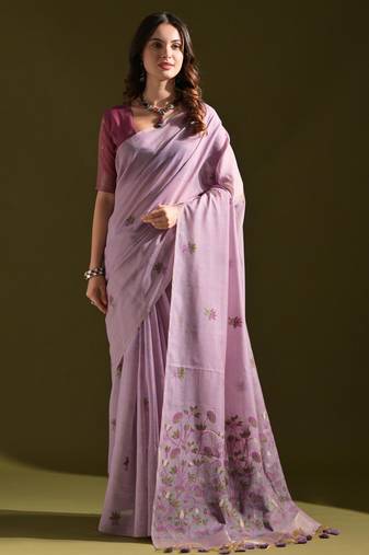 Lavender muga cotton saree with floral weaving & resham pallu | traditional cotton silk saree with tassels & blouse