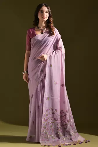 Lavender muga cotton saree with floral weaving & resham pallu | traditional cotton silk saree with tassels & blouse