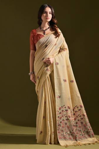 Beige muga cotton saree with floral weaving & resham pallu | traditional cotton silk saree