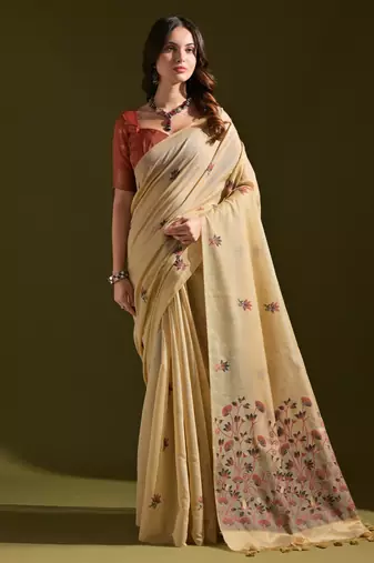 Beige muga cotton saree with floral weaving & resham pallu | traditional cotton silk saree