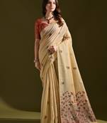 Beige muga cotton saree with floral weaving & resham pallu | traditional cotton silk saree