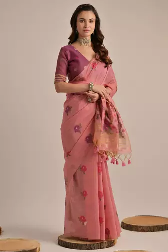 Pink muga cotton saree with motifs weaving pallu & floral buttas | lightweight daily wear saree with tassels & blouse