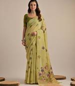 Light green muga cotton saree with motifs weaving pallu & floral buttas | lightweight daily wear saree
