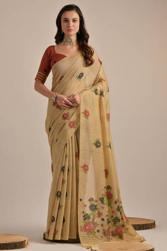 Light beige muga cotton saree with traditional pallu weaving & floral buttas | lightweight daily wear saree with tassels