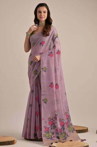 Lavender muga cotton saree with traditional motifs pallu & floral buttas | lightweight daily wear saree