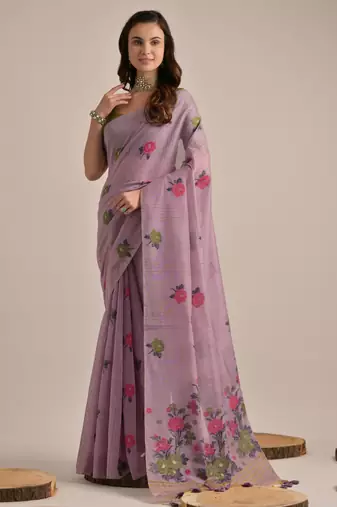 Lavender muga cotton saree with traditional motifs pallu & floral buttas | lightweight daily wear saree