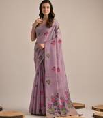 Lavender muga cotton saree with traditional motifs pallu & floral buttas | lightweight daily wear saree