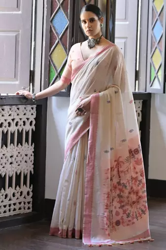 Pink muga cotton saree with warli weaving pallu & contrast border | handwoven butta design saree with blouse