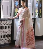 Pink muga cotton saree with warli weaving pallu & contrast border | handwoven butta design saree with blouse