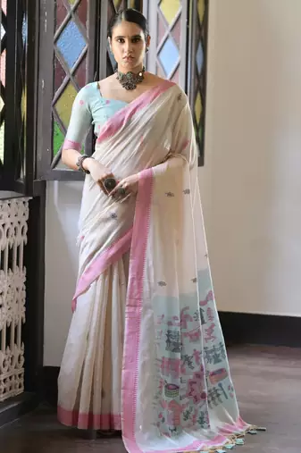 Light pink muga cotton saree with warli weaving pallu & contrast border | handwoven butta design | with blouse