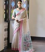 Light pink muga cotton saree with warli weaving pallu & contrast border | handwoven butta design | with blouse