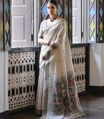 Grey muga cotton saree with warli weaving pallu & contrast border | handwoven butta design | with blouse