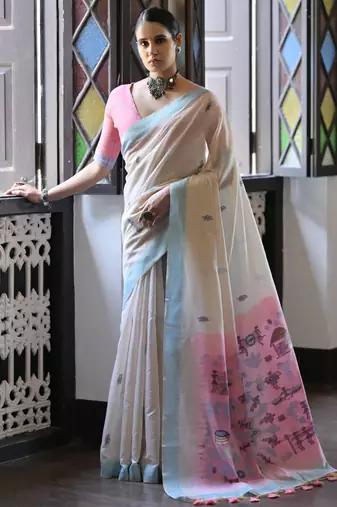 Blue muga cotton saree with warli weaving pallu & contrast border | handwoven butta design | with blouse