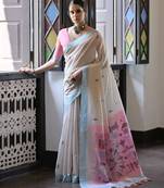 Blue muga cotton saree with warli weaving pallu & contrast border | handwoven butta design | with blouse