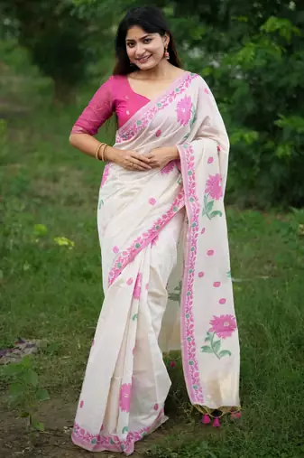 Pink muga cotton jamdani weaving saree with resham buttas & fancy pallu with blouse