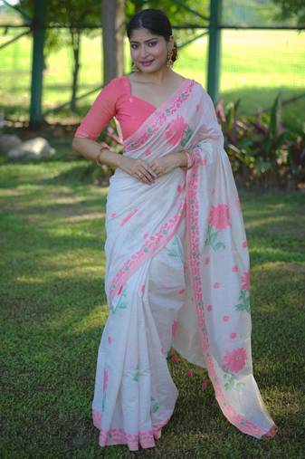 Light pink muga cotton jamdani weaving saree with resham buttas & fancy pallu with blouse