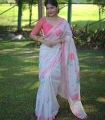 Light pink muga cotton jamdani weaving saree with resham buttas & fancy pallu with blouse