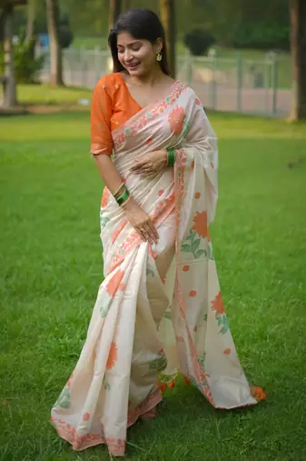 Orange muga cotton jamdani weaving saree with resham buttas & fancy pallu with blouse