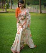 Orange muga cotton jamdani weaving saree with resham buttas & fancy pallu with blouse