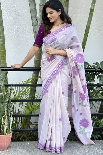 Purple muga cotton jamdani saree with resham buttas & fancy woven pallu | elegant handloom party wear with blouse