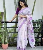 Purple muga cotton jamdani saree with resham buttas & fancy woven pallu | elegant handloom party wear with blouse